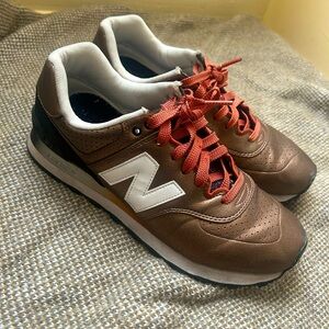 NEW BALANCE 574 retro bronze orange leather sneakers shoes 9.5 10 41.5